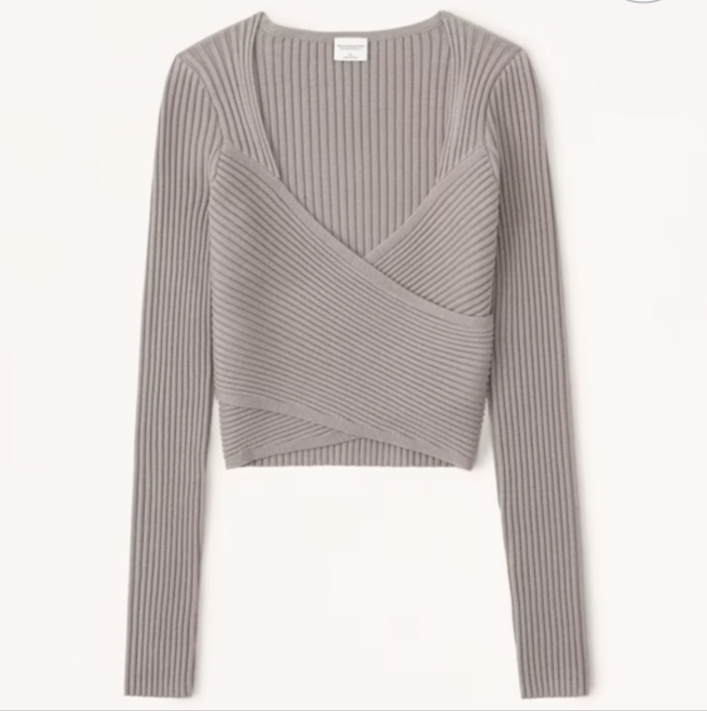 Abercrombie & Fitch Ribbed Wrap-Front Sweater in Light Gray